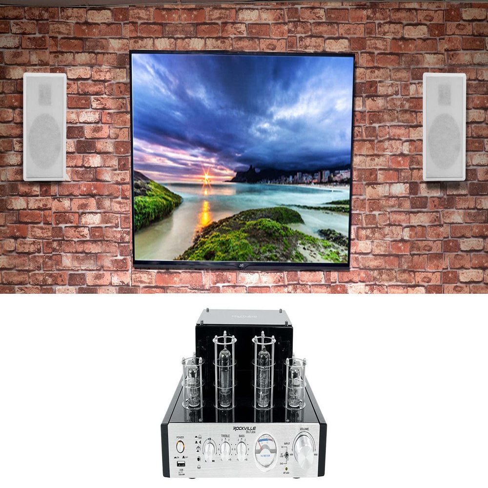 Rockville BluTube Bundle: 70-Watt Tube Amplifier Home Theater Stereo Receiver with Bluetooth, Pair of RockSlim White 5.25-in 240-Watt Slim Wall Mount Speakers for Living Room & Bedroom, 2-Items
