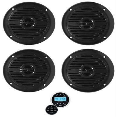 Rockville MS40B Bundle: (4) Black 4-in 200 Watt Compact Marine Boat Speakers, RGHR2 Gauge Hole Receiver with Bluetooth, USB, Radio, and Wired Remote, Waterproof Audio System, 5-Items