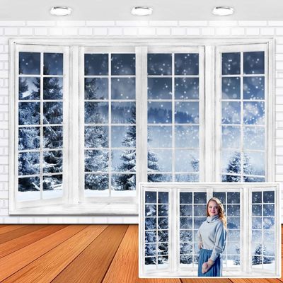Leowefowa 12x6ft Vinyl Winter Christmas Window Backdrop - Snow Forest Glitter Xmas Snowflake Background - Baby Shower Birthday Party Holiday Decor Photo Studio Props