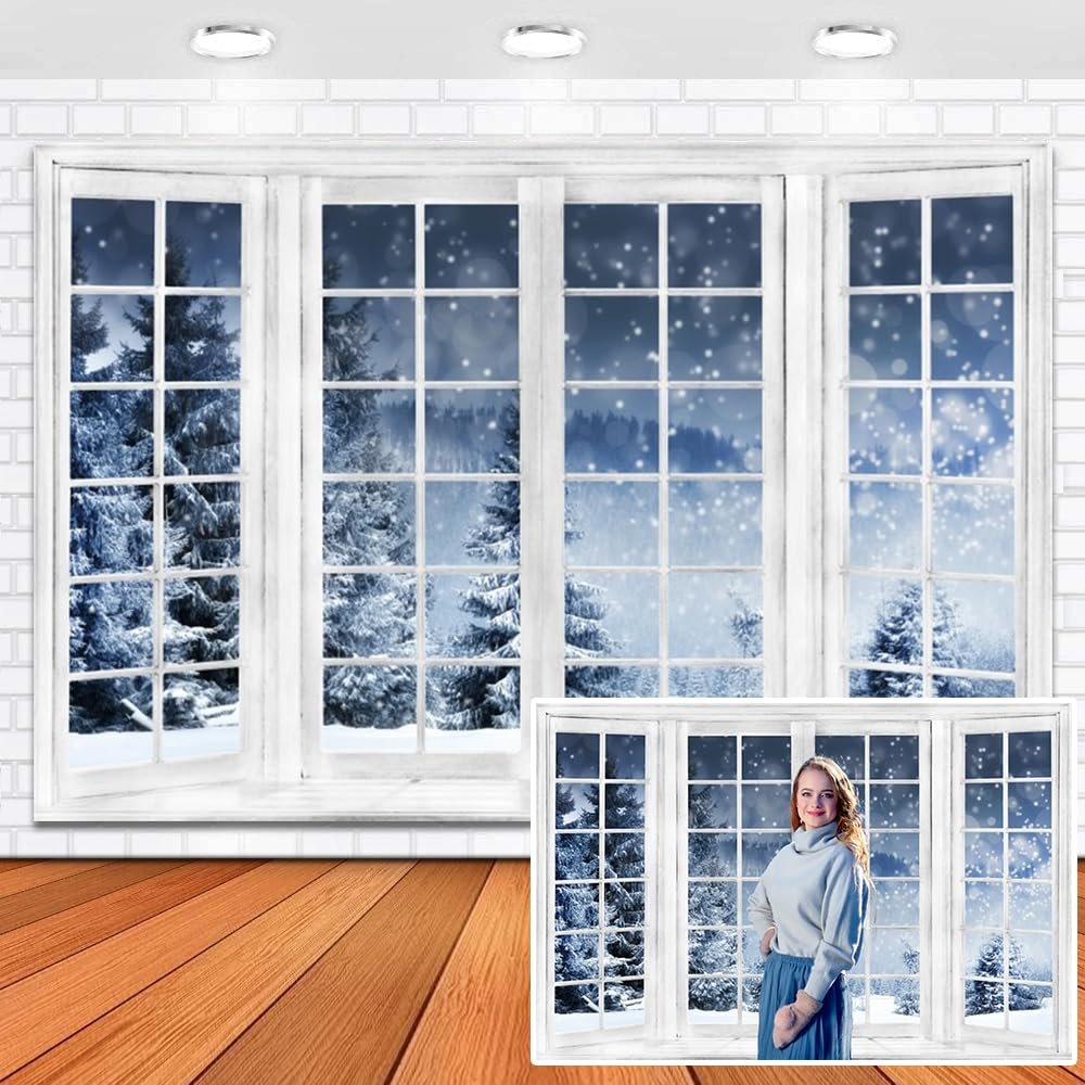 Leowefowa 12x6ft Vinyl Winter Christmas Window Backdrop - Snow Forest Glitter Xmas Snowflake Background - Baby Shower Birthday Party Holiday Decor Photo Studio Props