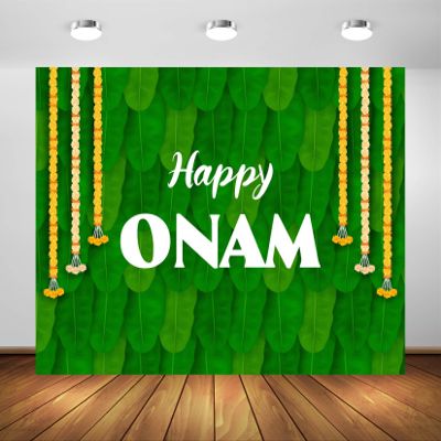 BELECO 7x5ft Fabric Happy Onam Backdrop Green Banana Leaf Marigold Garlands India Pooja Traditional Backdrop Indian Theme Party Decorations Holiday Celebration Party Supplies Banner Photo Props