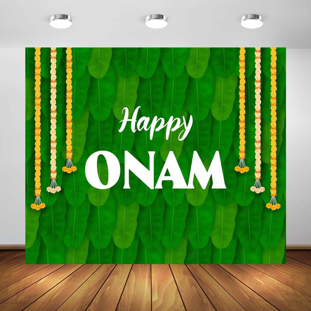 BELECO 7x5ft Fabric Happy Onam Backdrop Green Banana Leaf Marigold Garlands India Pooja Traditional Backdrop Indian Theme Party Decorations Holiday Celebration Party Supplies Banner Photo Props