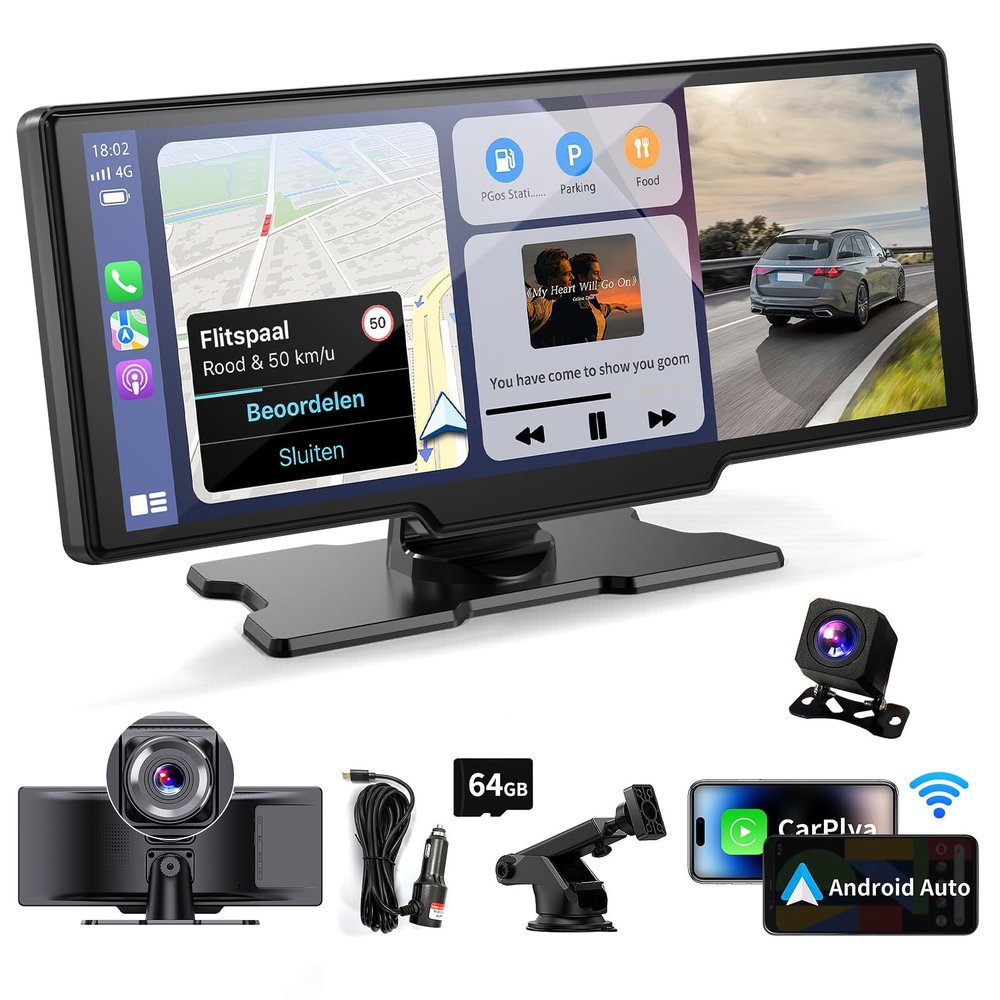 Wireless Portable Carplay Screen for Car - 10.26Inch Carplay & Android Auto Car Touch Stereo, with 4K Dash Cam, Backup Camera,Bluetooth,GPS Navigation