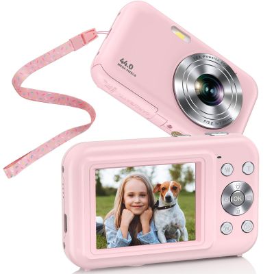 Digital Camera, FHD 1080P 44MP Kids Camera with Neck Lanyard 32GB Card, Point Shoot Cameras, 16X Zoom Anti-Shake Time Stamp, Compact Portable Small Camera for Kid Teen Student Girl Boy Starter(Pink)