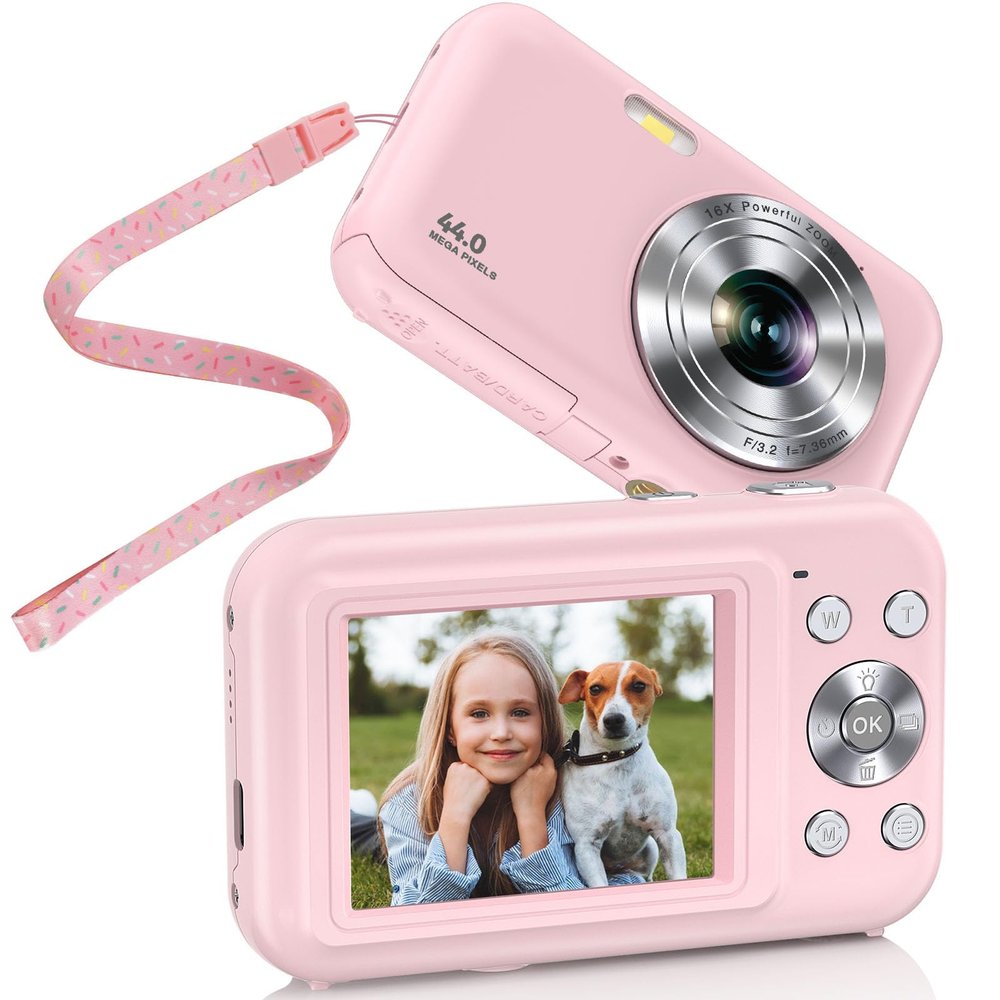 Digital Camera, FHD 1080P 44MP Kids Camera with Neck Lanyard 32GB Card, Point Shoot Cameras, 16X Zoom Anti-Shake Time Stamp, Compact Portable Small Camera for Kid Teen Student Girl Boy Starter(Pink)