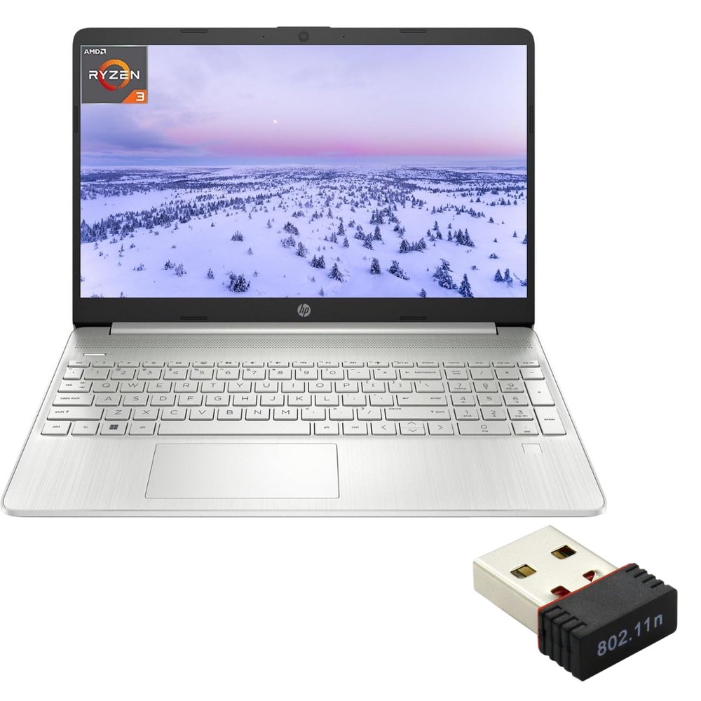 HP 2024 Laptop, 15.6" HD Display, AMD Ryzen 3 5300U (4 cores), 16GB RAM, 512GB SSD, AMD Radeon Graphics, Wi-Fi, Bluetooth, Numeric Keypad, Windows 11 Home with USB WiFi Adapter