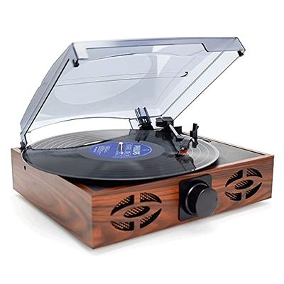 KouRy High Fidelity Belt Drive Turntable with Built-in Speakers, Vinyl Record Player with Magnetic Cartridge, Wireless Playback and Aux-in Functionality, Brown