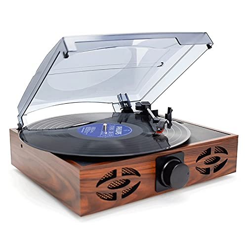 KouRy High Fidelity Belt Drive Turntable with Built-in Speakers, Vinyl Record Player with Magnetic Cartridge, Wireless Playback and Aux-in Functionality, Brown