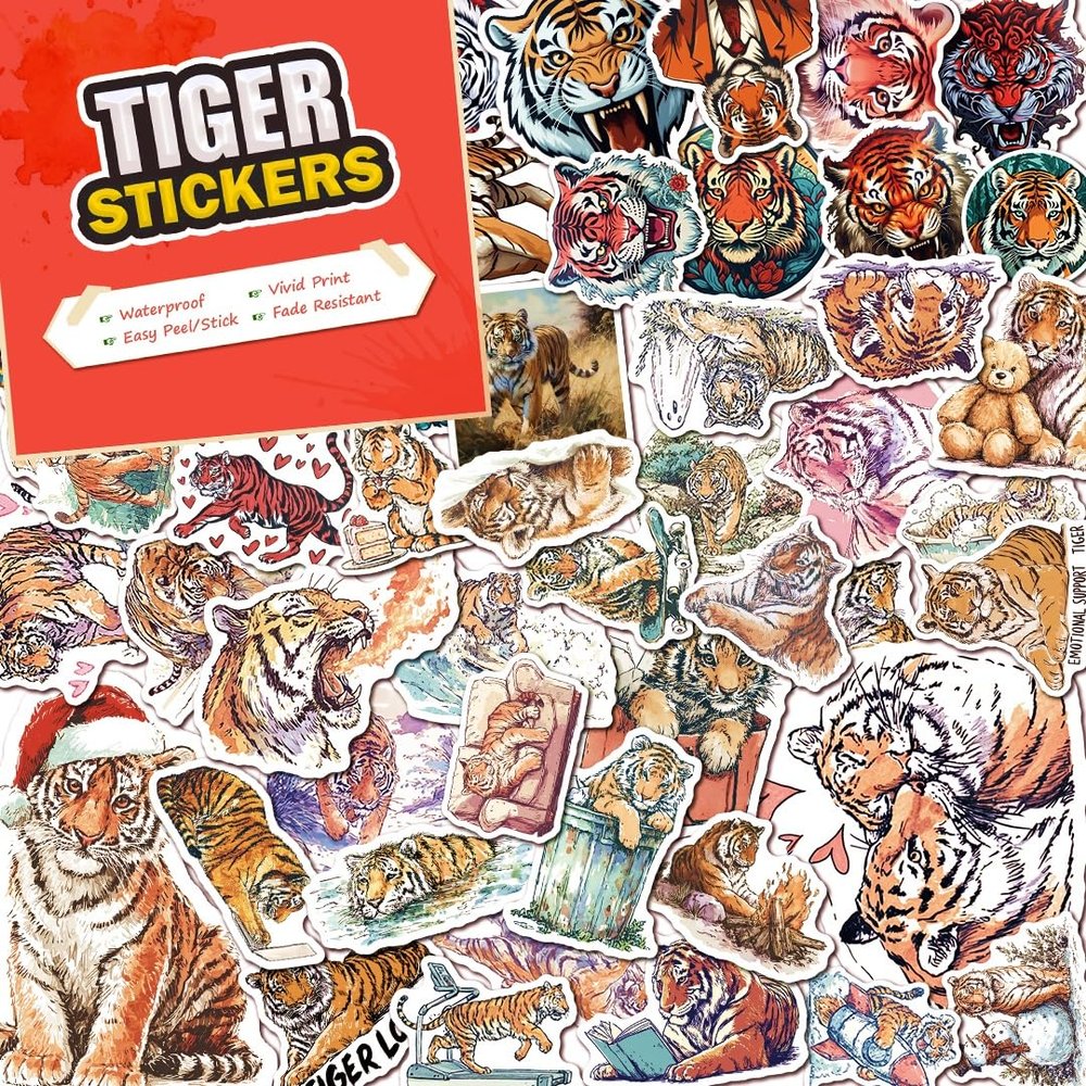 100 PCS Tiger Stickers Pack Waterproof Vinyl Decals for Water Bottles, Laptops, Phones, Notebook, Cars Cool Vibrant Graphics for Tiger Enthusiast