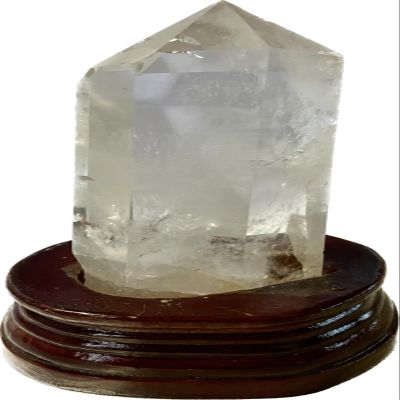 Clear Quartz Tower with Custom-Carved Wooden Stand