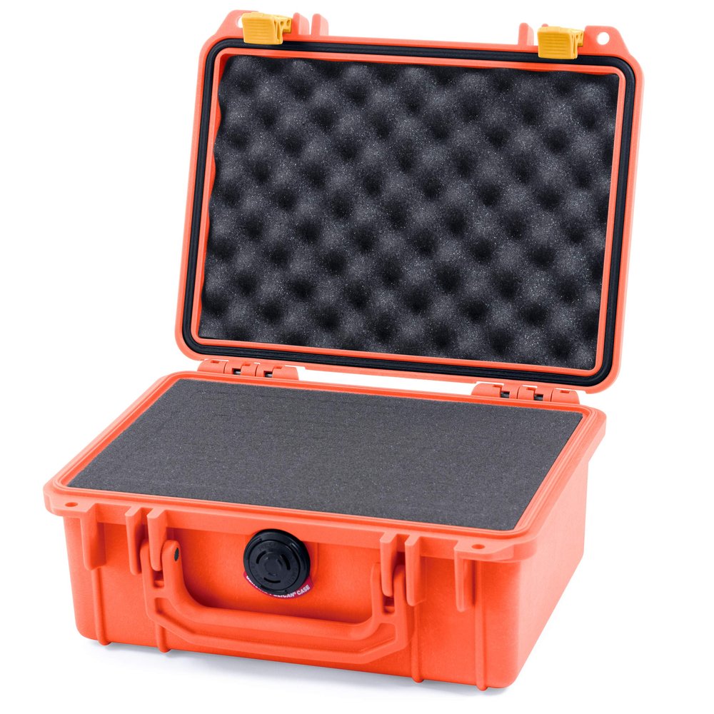 Pelican 1150 Case, Orange with Yellow Latches, Pick & Pluck Foam with Convolute Lid Foam