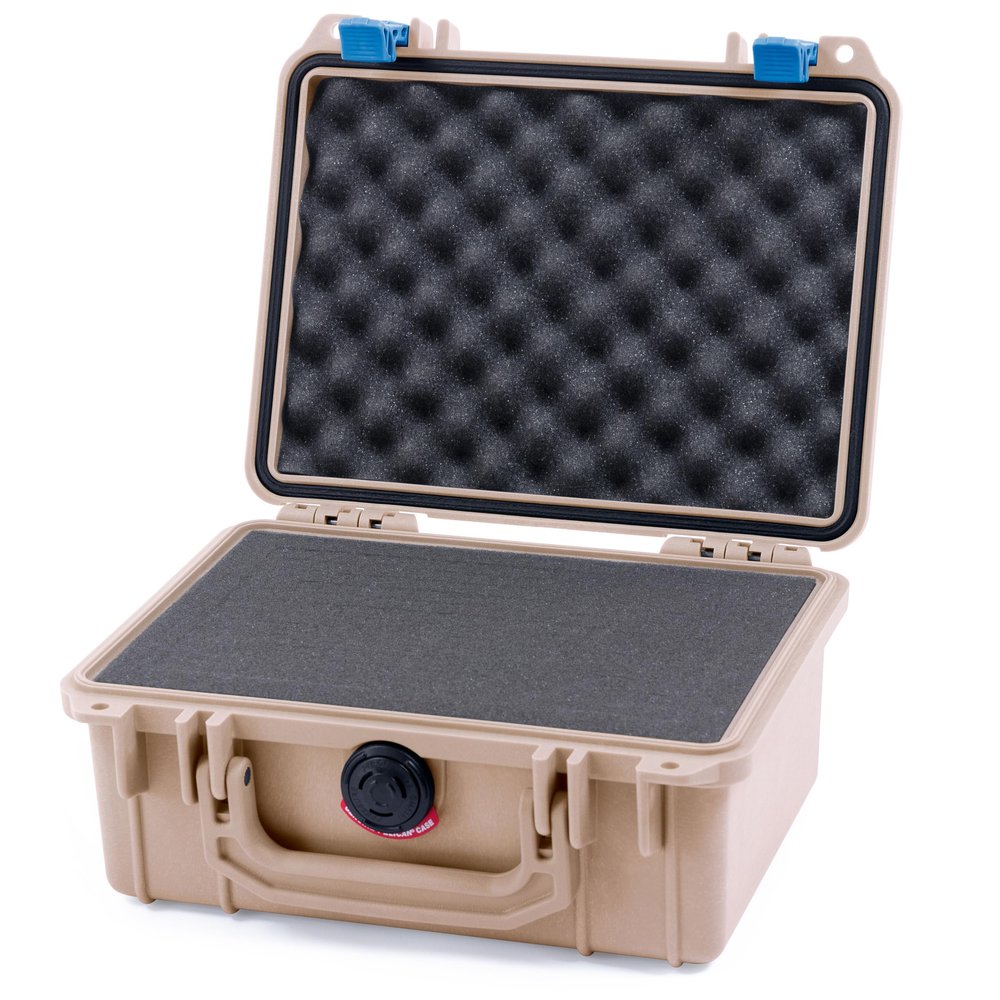 Pelican 1150 Case, Desert Tan with Blue Latches, Pick & Pluck Foam with Convolute Lid Foam