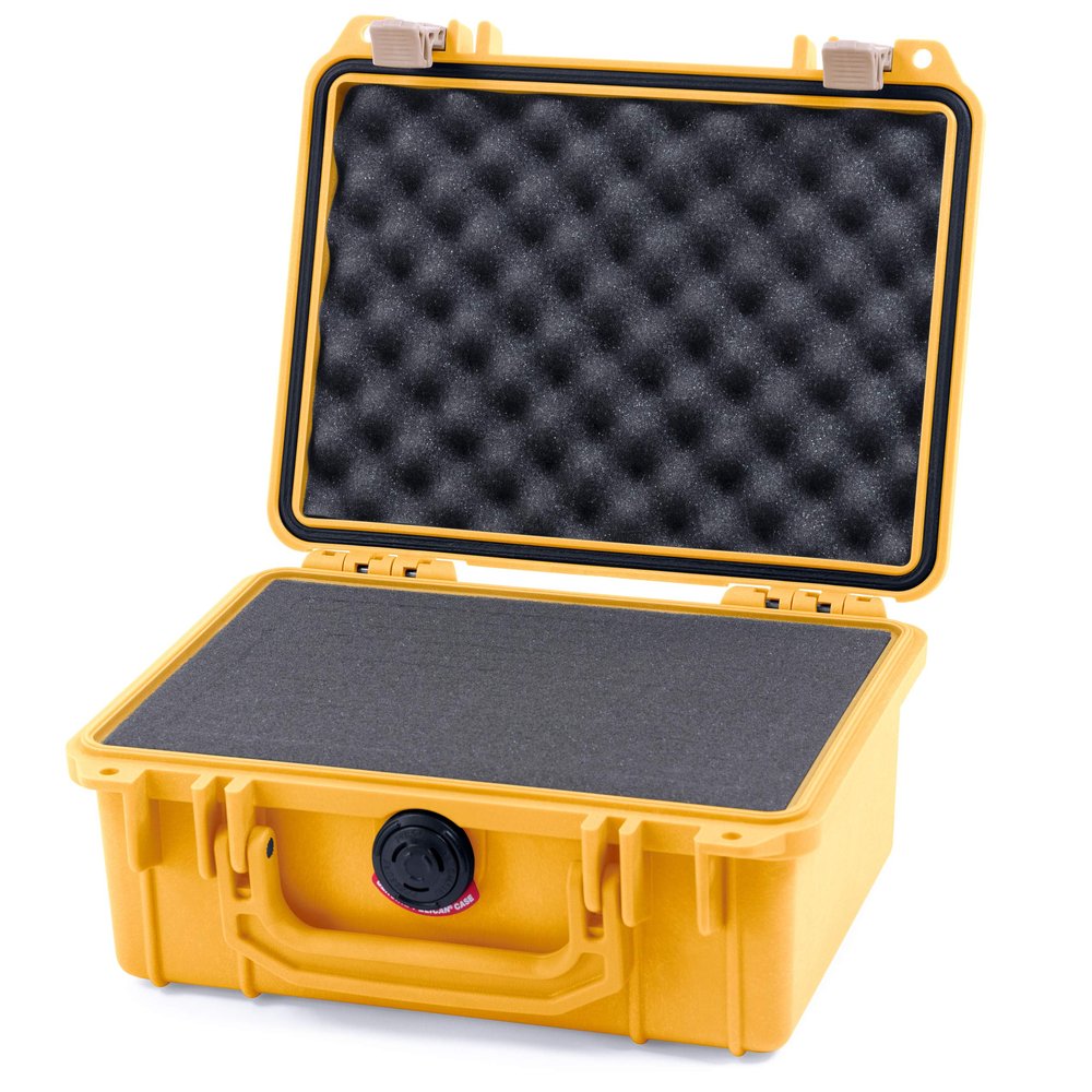 Pelican 1150 Case, Yellow with Desert Tan Latches, Pick & Pluck Foam with Convolute Lid Foam