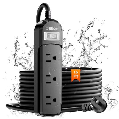 Calionltd IPX6 Outdoor Power Strip Weatherproof,15 FT SJT16Awg Extension Cord 3 Wide Outlets 1875W Overload Protection, Waterproof Surge Protector for Office,Dorm Room,Patio,Christmas Lights