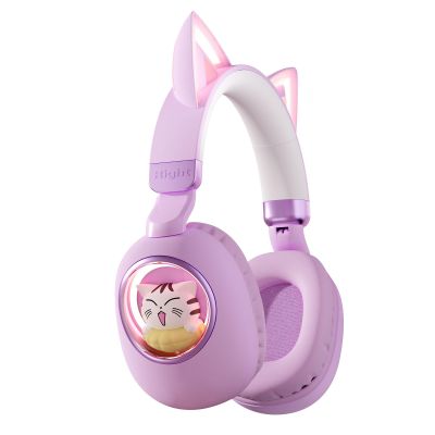 Xmenha Cat Ear Headphones for Kids, Cute Children Girl Wireless Bluetooth Headphones for School, Purple Kindergarten Light up Kawaii Kitty Noise Cancelling Headphones for Kids Teens Child Airplane