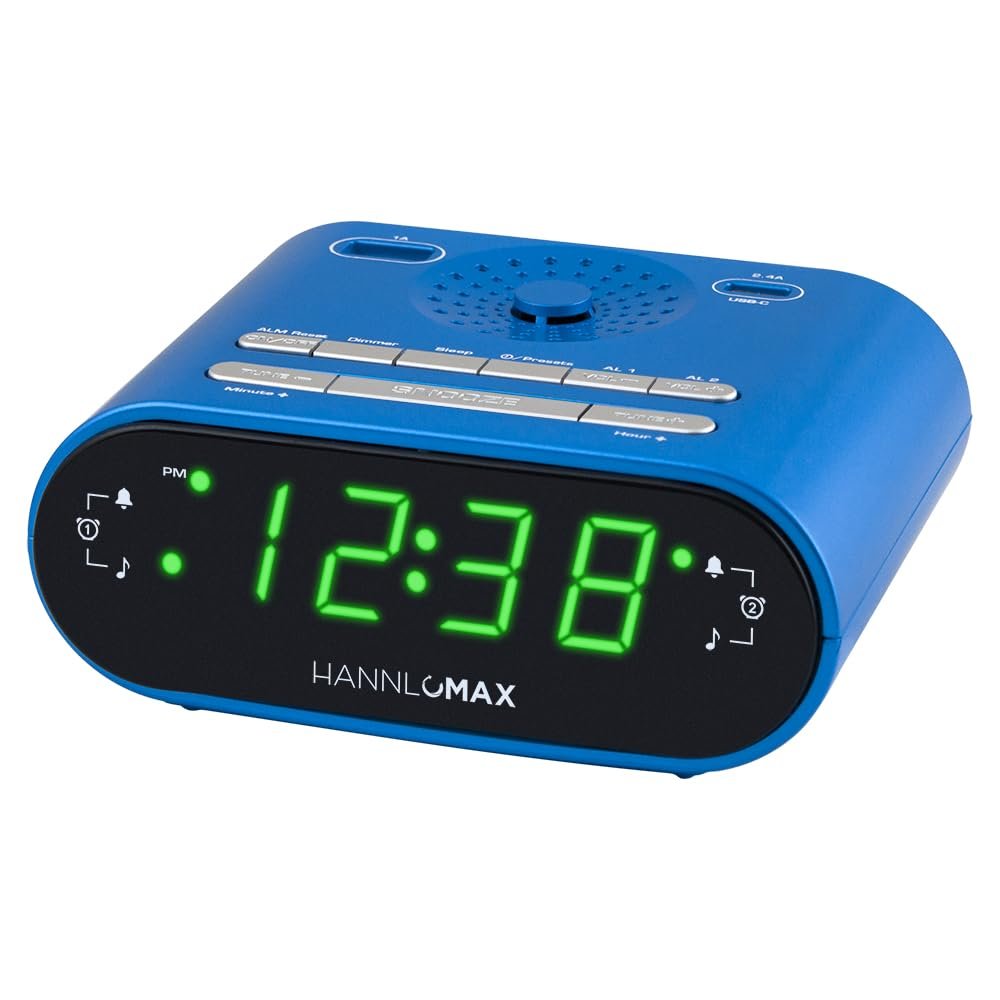 HANNLOMAX HX-158CR Alarm Clock Radio, FM Radio, USB Charge (Blue)