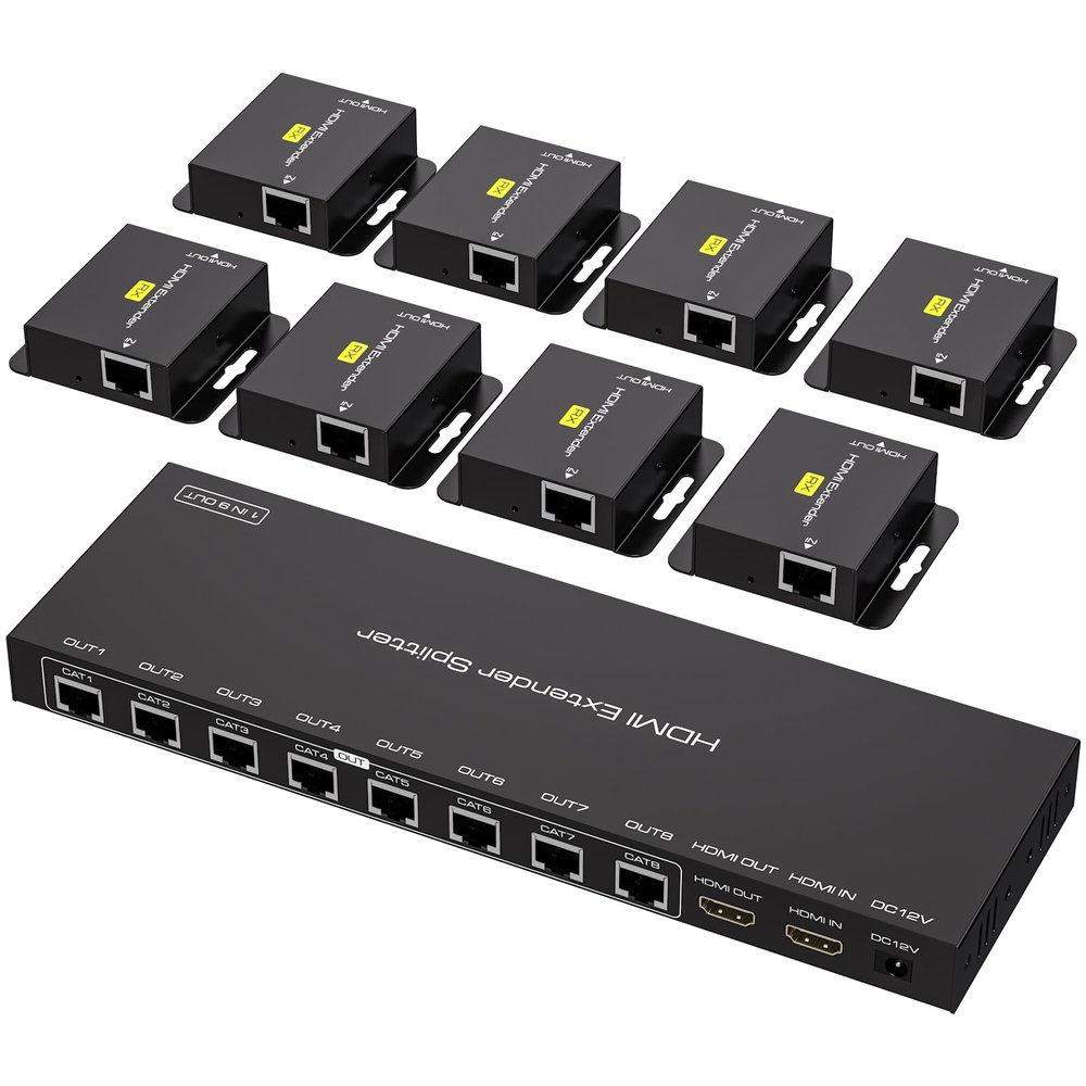 VPFET HDMI Extender Splitter Over Ethernet 1 in 8 Out Cat5e or 6 Up to 165FT 50m HD1080P 60Hz 3D with Port Loop Out Support EDID POC Suitable for Projection Exhibition Presentations