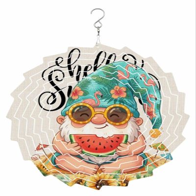 Sunflowers Gnomes Wind Spinner 3D Stainless Steel, 8 in Sun Shape Double Sided Hanging Wind Spinners, Summer Tropical Leaves Watermelon Garden Art Wind Sculpture for Yard Porch Front Door