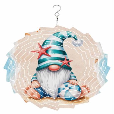 Starfish Gnomes Wind Spinner 3D Stainless Steel, 10 in Sun Shape Double Sided Hanging Wind Spinners, Summer Sandy Beach Ocean Waves Garden Art Wind Sculpture for Yard Porch Front Door