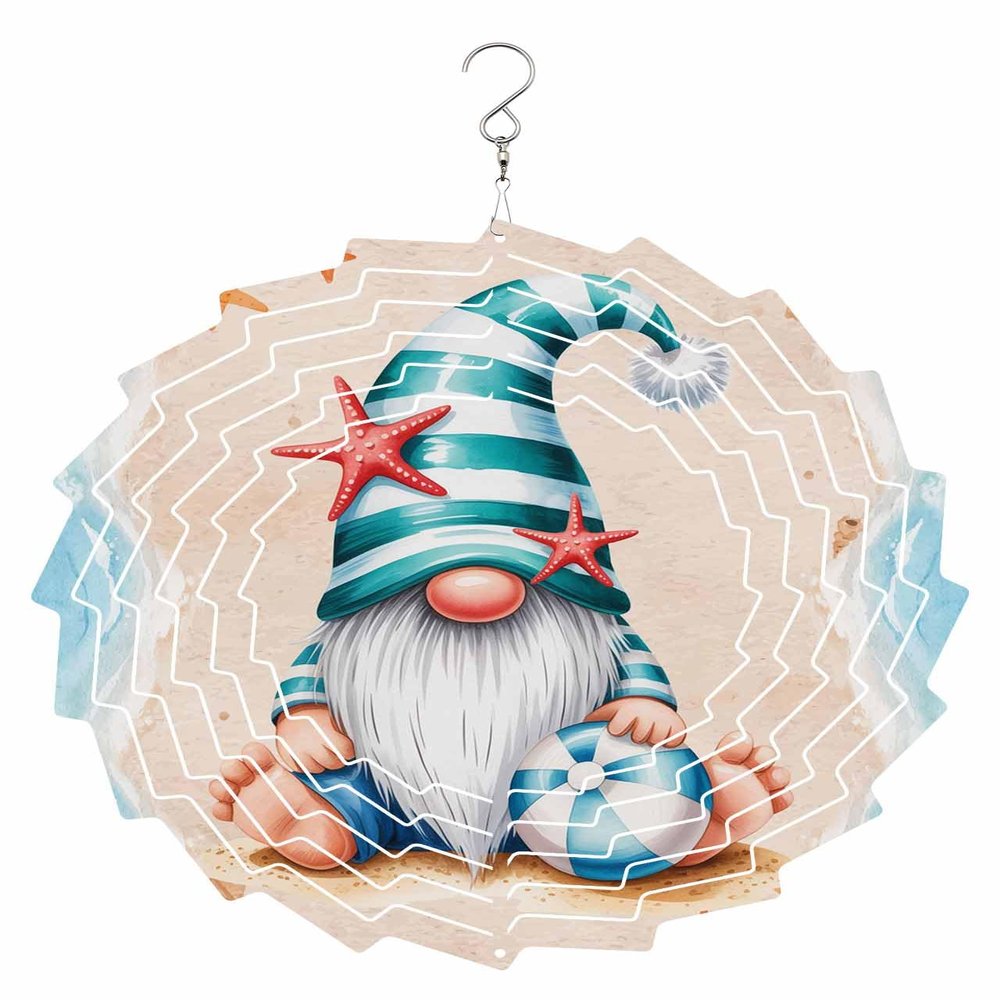 Starfish Gnomes Wind Spinner 3D Stainless Steel, 10 in Sun Shape Double Sided Hanging Wind Spinners, Summer Sandy Beach Ocean Waves Garden Art Wind Sculpture for Yard Porch Front Door