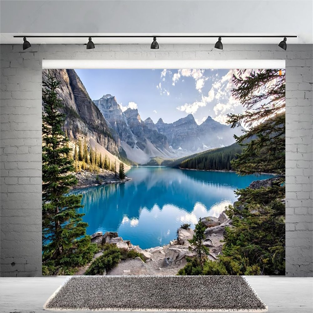 15x10ft Green Natural Mountain Lake Backdrop Pine Trees Mountains Forest Landscape Outdoor Hiking Camping Backdrop Pretty Nature Scenery Background Room Mural Studio Photo Booth Props