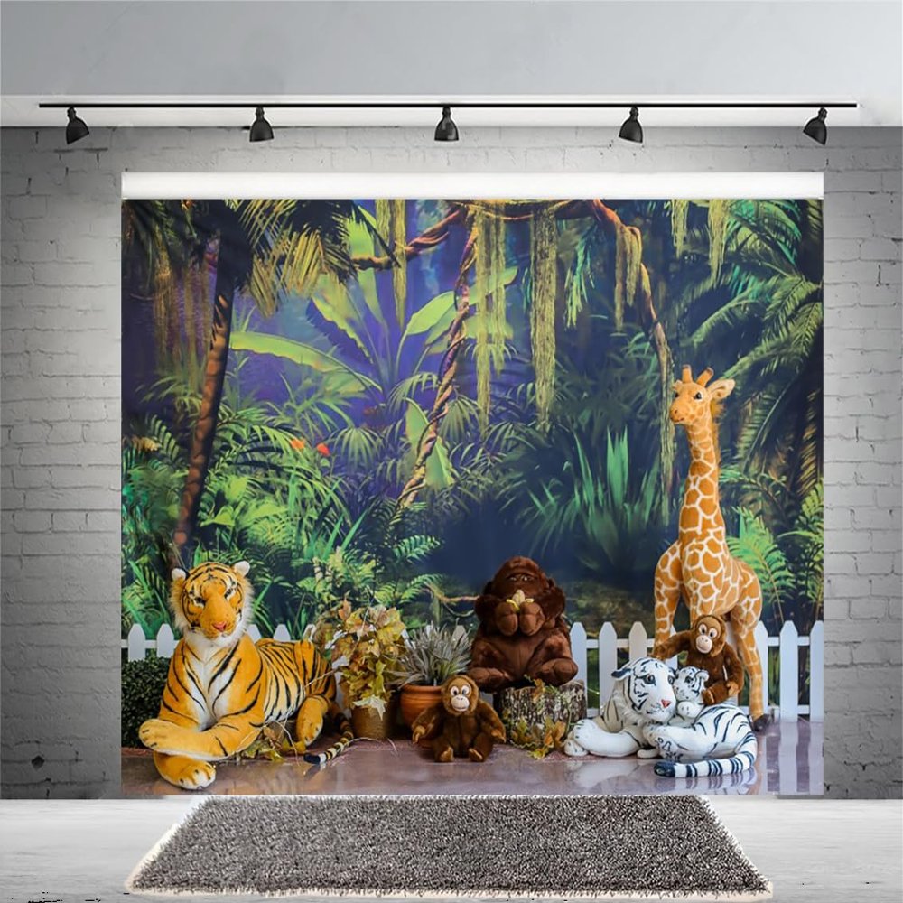 12x8ft Wild Animals Safari Backdrop Jungle Wildlife Zoo Themed Party Decoration Photography Background Wild One Birthday Newborn Baby Party Decorations Supplies Photo Studio Props