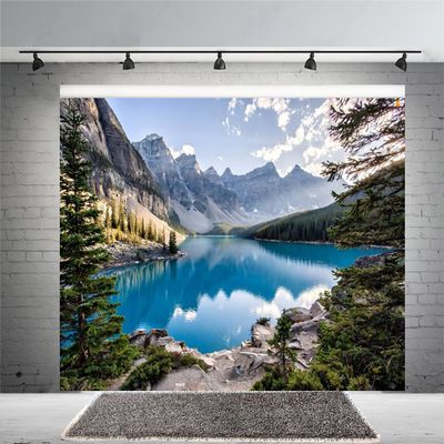 10x8ft Green Natural Mountain Lake Backdrop Pine Trees Mountains Forest Landscape Outdoor Hiking Camping Backdrop Pretty Nature Scenery Background Room Mural Studio Photo Booth Props