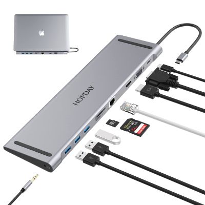 10 Ports USB C Multiport Hub - HOPDAY Docking Station for Type C Laptop, MacBook Pro/Air - USB C Dongle with USB A 3.0, HDMI, VGA, PD 100W, Ethernet, SD/TF Card Reader, 3.5mm Audio
