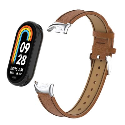 HOPMC Fashion Metal Connector Lychee Grain Leather Strap Replacement Wristbands Strap Compatible for Xiaomi Mi Smart Band 8 /8NFC Not included Tracker  (Brwon)