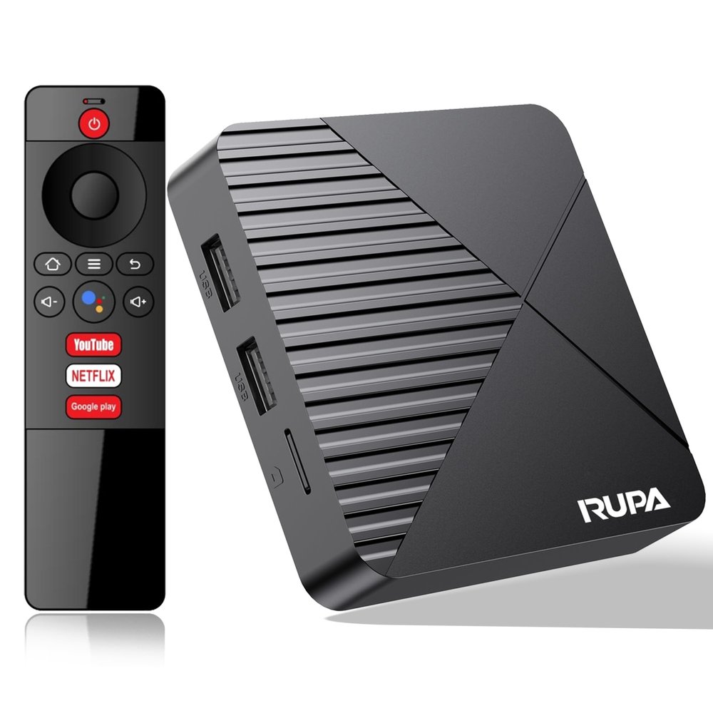 RUPA Android TV Box 13.0, 2025 Android Box 4GB RAM 64GB ROM Support Dual-WiFi 2.4G/5.8G WIFI6 10/100M Ethernet 3D 8K HDR10+ BT5.0 with Voice Remote Control