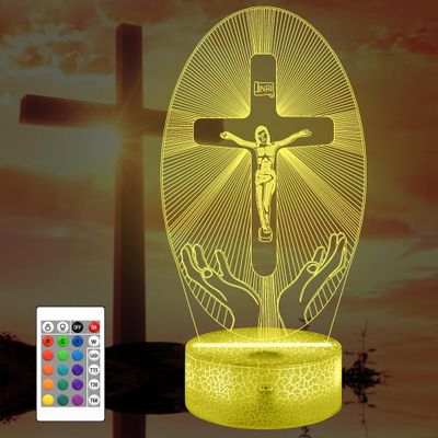 Attivolife Jesus Cross 3D Night Light, Christian Illusion Optical Hologram Lamp with 16 Color Changing Remote Control, LED Desk Catholic Decor Birthday Religious Mothers Day Gift for Women Mom