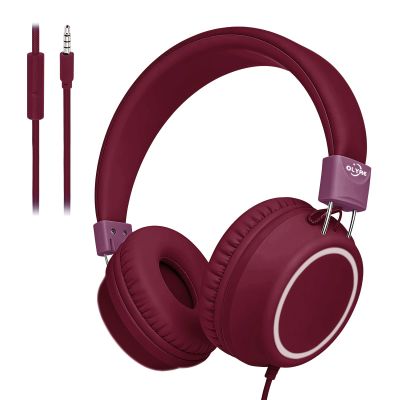 Olyre Kids Headphones,Wired Toddler Teens On-Ear Headphones with HD Microphone,94dB Volume Limit,Tangle-Free 3.5mm Jack Foldable Stereo Children Earphones for School,Tablet,Plane Travel Wine Red