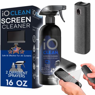 iO CLEAN Screen Cleaner (16 oz) & Mini Screen Cleaner Spray (0.3 oz)  Bundle of 2  Premium Shine  2 Complete Sets of Cleaners  Microfiber Cloth