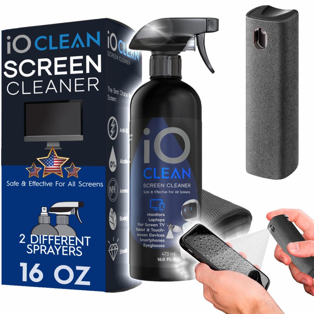 iO CLEAN Screen Cleaner (16 oz) & Mini Screen Cleaner Spray (0.3 oz) Bundle of 2 Premium Shine 2 Complete Sets of Cleaners Microfiber Cloth