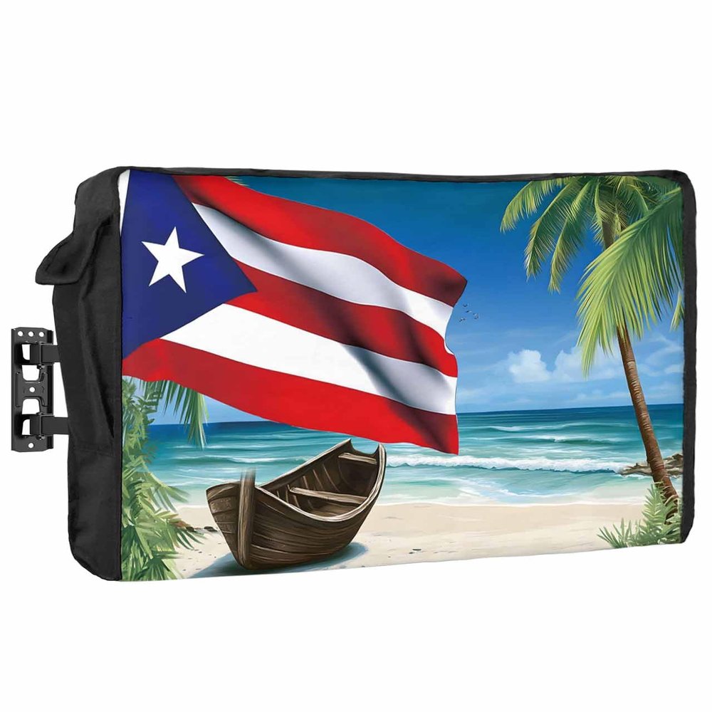 Outdoor TV Cover - Summer Coconut Tree Puerto Rico Flag Waterproof and Weatherproof 48"-50" LCD Movable Shield TV Display Screen Protector Outside Television Covers