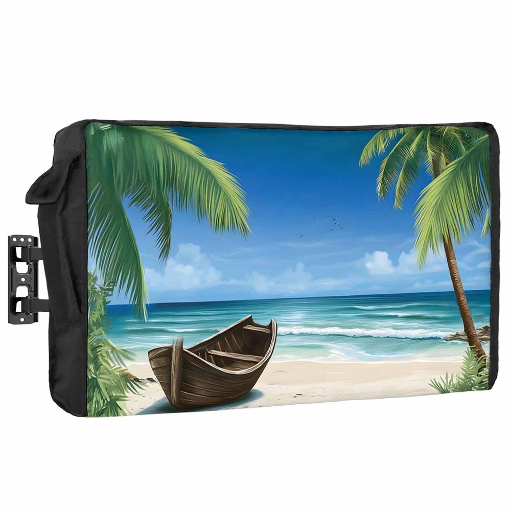 Outdoor TV Cover - Summer Palm Tree Ocean Beach Boat Waterproof and Weatherproof 60"-65" LCD Movable Shield TV Display Screen Protector Outside Television Covers