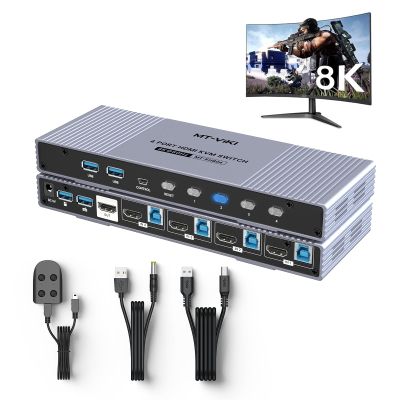 MT-VIKI 4K@120Hz/144Hz USB 3.0 HDMI KVM Switch 4 Port 8K@60Hz, Aluminum KVM Switch HDMI 2.1, HDR for Games (4 USB 3.0 Cable Included)