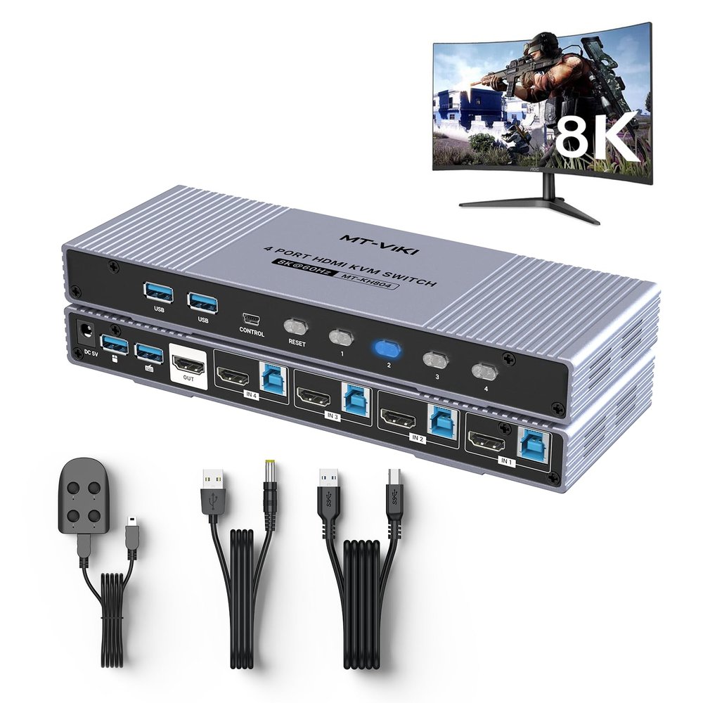 MT-VIKI 4K@120Hz/144Hz USB 3.0 HDMI KVM Switch 4 Port 8K@60Hz, Aluminum KVM Switch HDMI 2.1, HDR for Games (4 USB 3.0 Cable Included)
