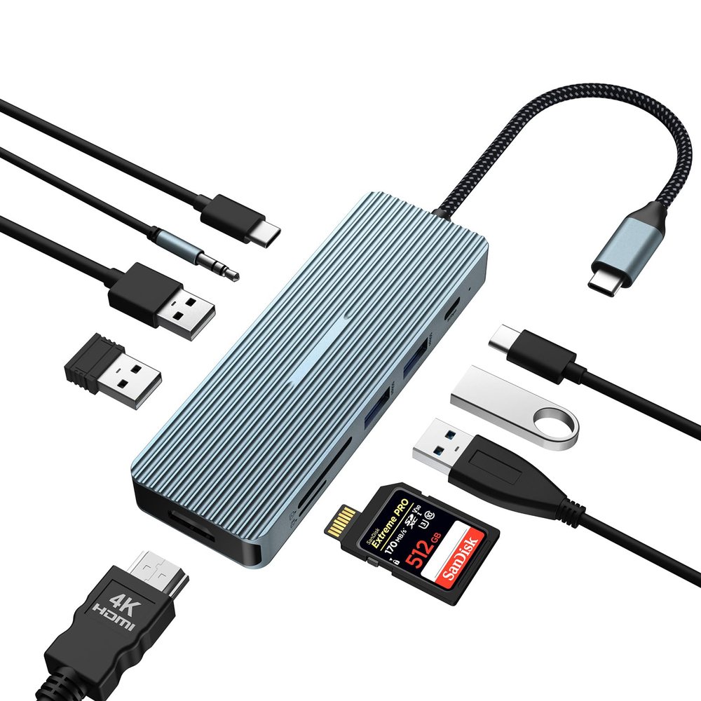 10 in 1 USB C Hub, Tymyp Adapter Hub with 4K HDMI, USB 3.0 x 2, USB-C 3.0 Data, USB 2.0 x 2, 100W PD Charging, SD/TF Card Reader, 3.5mm Audio Jack Compatible with Laptop, iPad