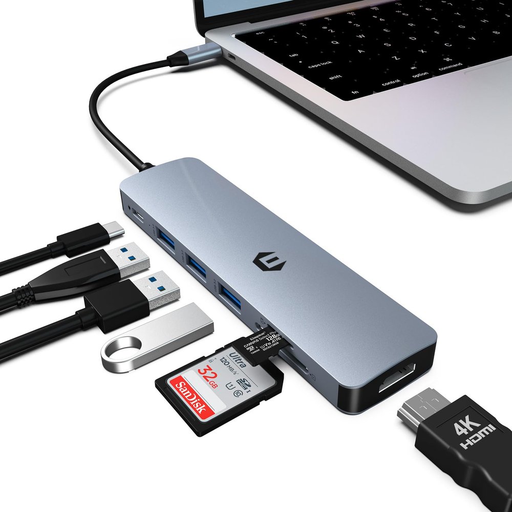 7-1 USB C Hub, Oditton Adapter with HDMI, 100W PD Charger, 3 x USB 3.0 Ports, SD & Micro SD Card Reader, Compatible for USB C Laptops Dell XPS/HP/Surface and Other Type C Devices
