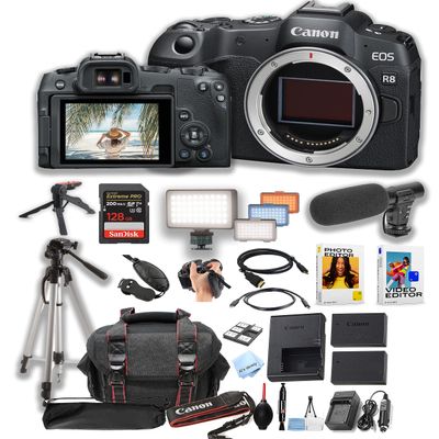 Canon EOS R8 Mirrorless Camera Body + 128GB Pro Speed Memory + Led Video Light + Microphone +Case + Tripod + Software Pack-Video Bundle (Renewed)