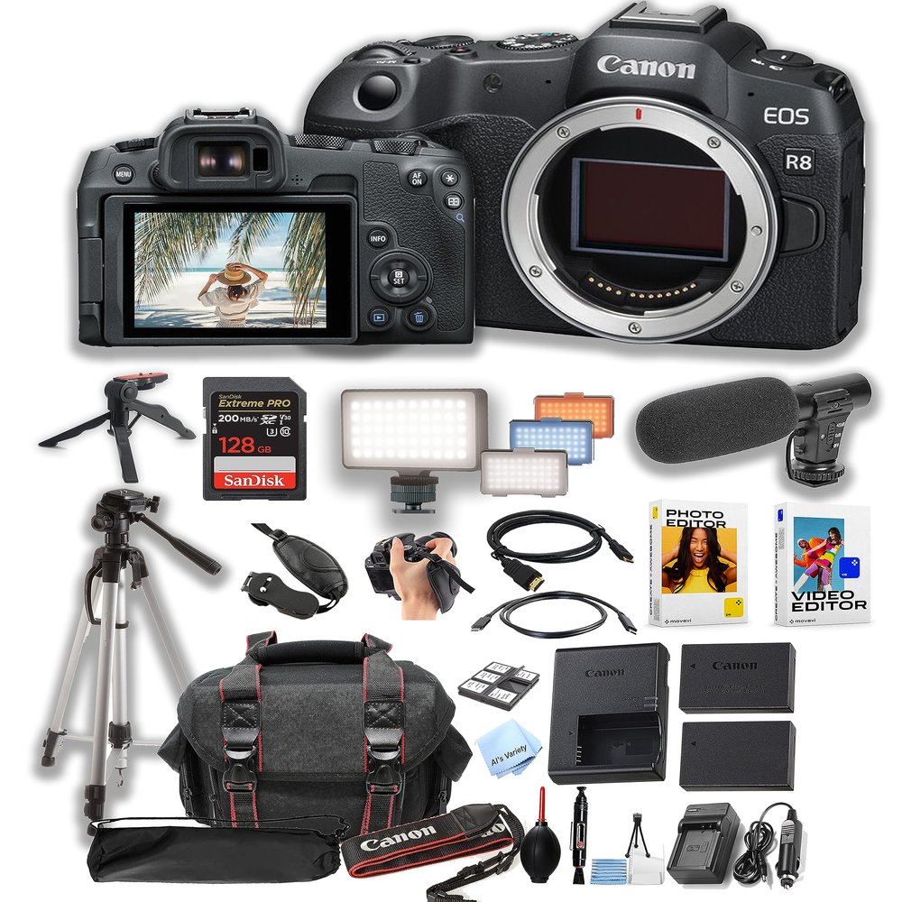 Canon EOS R8 Mirrorless Camera Body + 128GB Pro Speed Memory + Led Video Light + Microphone +Case + Tripod + Software Pack-Video Bundle (Renewed)