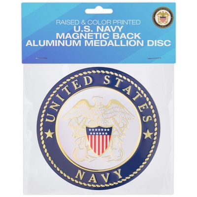 SHOP AWARDS AND GIFTS 4 Inch Round United States Military Shield Emblem Single Drink Cup Coaster, Metal Magnetic Decal Disc, 1 Pack, Navy