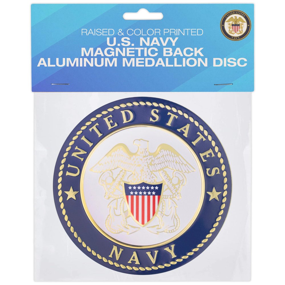 SHOP AWARDS AND GIFTS 4 Inch Round United States Military Shield Emblem Single Drink Cup Coaster, Metal Magnetic Decal Disc, 1 Pack, Navy