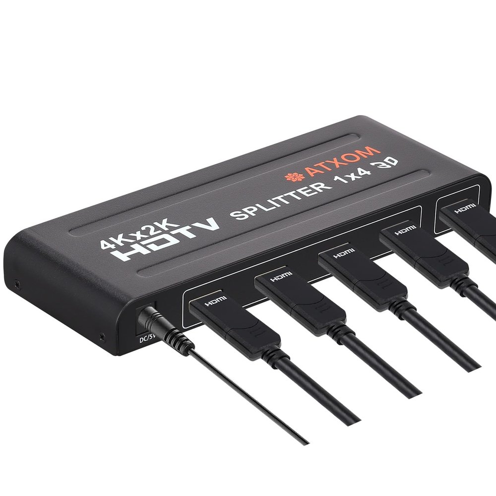 ATXOM HDMI Splitter 1 in 4 Out - 1x4 HDMI Display Duplicate/Mirror - Powered Splitter Full HD 1080P, 4K - One Source to Four Identical Displays