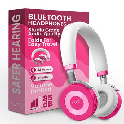 Puro Sound Labs JuniorJam Plus Volume-Limiting Wireless Bluetooth Headphones for Kids, Secure Audio with Adjustable On-Ear Design, 22-Hour Battery Life, Ideal for Tablets, Smartphones & PCs - Pink