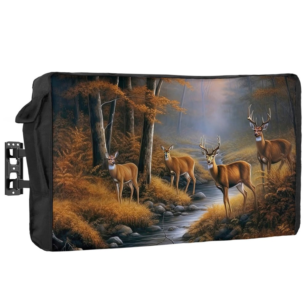 T&H XHome Outdoor TV Cover - Deers Stream in Forest Painting Waterproof and Weatherproof 60"-65" LCD Movable Shield TV Display Screen Protector Outside Television Covers