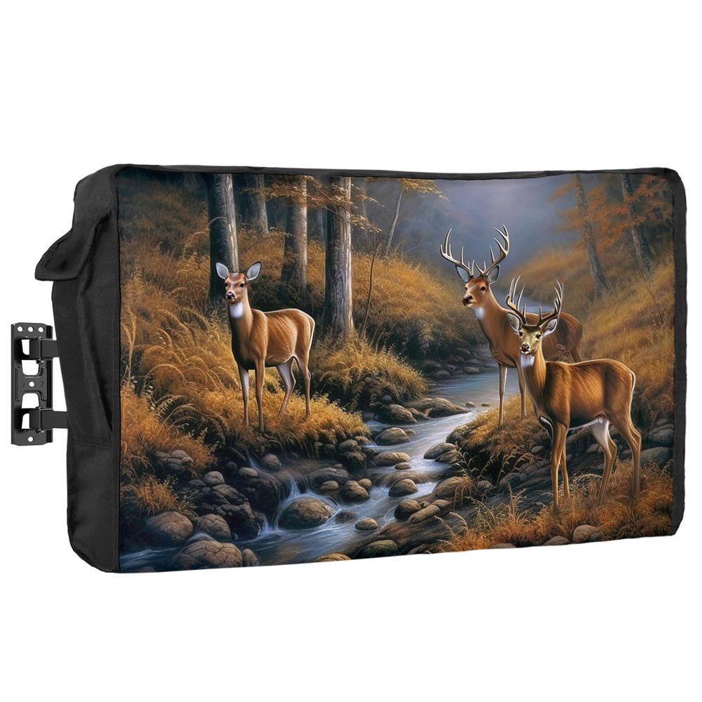 T&H XHome Outdoor TV Cover - Deer Standing by a Stream Deep in The Forest Waterproof and Weatherproof 52"-55" LCD Movable Shield TV Display Screen Protector Outside Television Covers