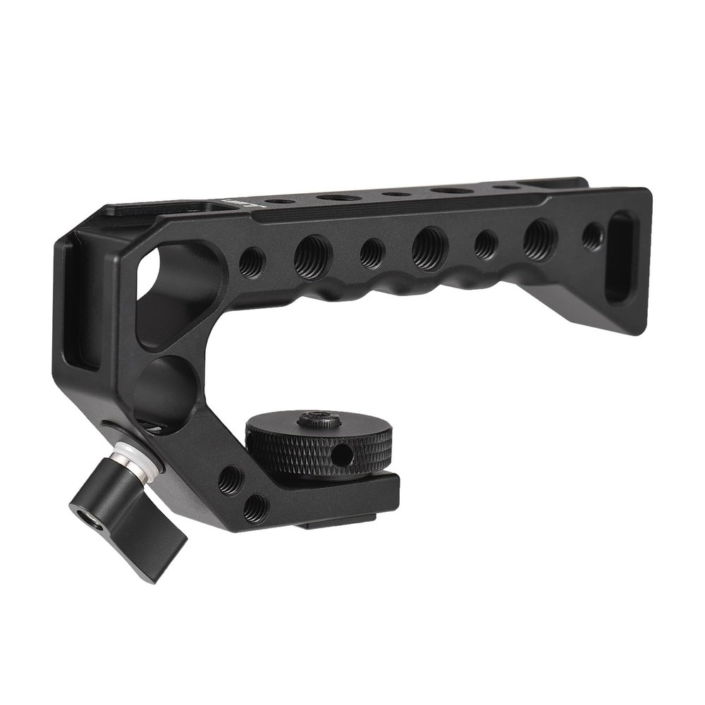 Andoer Universal Top Handel Camera Top Handgrip with 4 Cold Shoe Mounts Positiong Hole 1/4in And 3/8in Threaded Holes Compatible with Camera Cage Sports Camera for Vlogging Live Streaming, Black