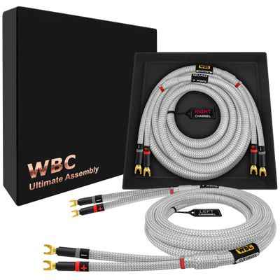 WORLDS BEST CABLES 8 Foot Ultimate - 7 AWG - Ultra-Pure OFC Extra Premium Audiophile HiFi Speaker Cable Pair with Eminence Spade Plugs & Silver Tweed Jacket
